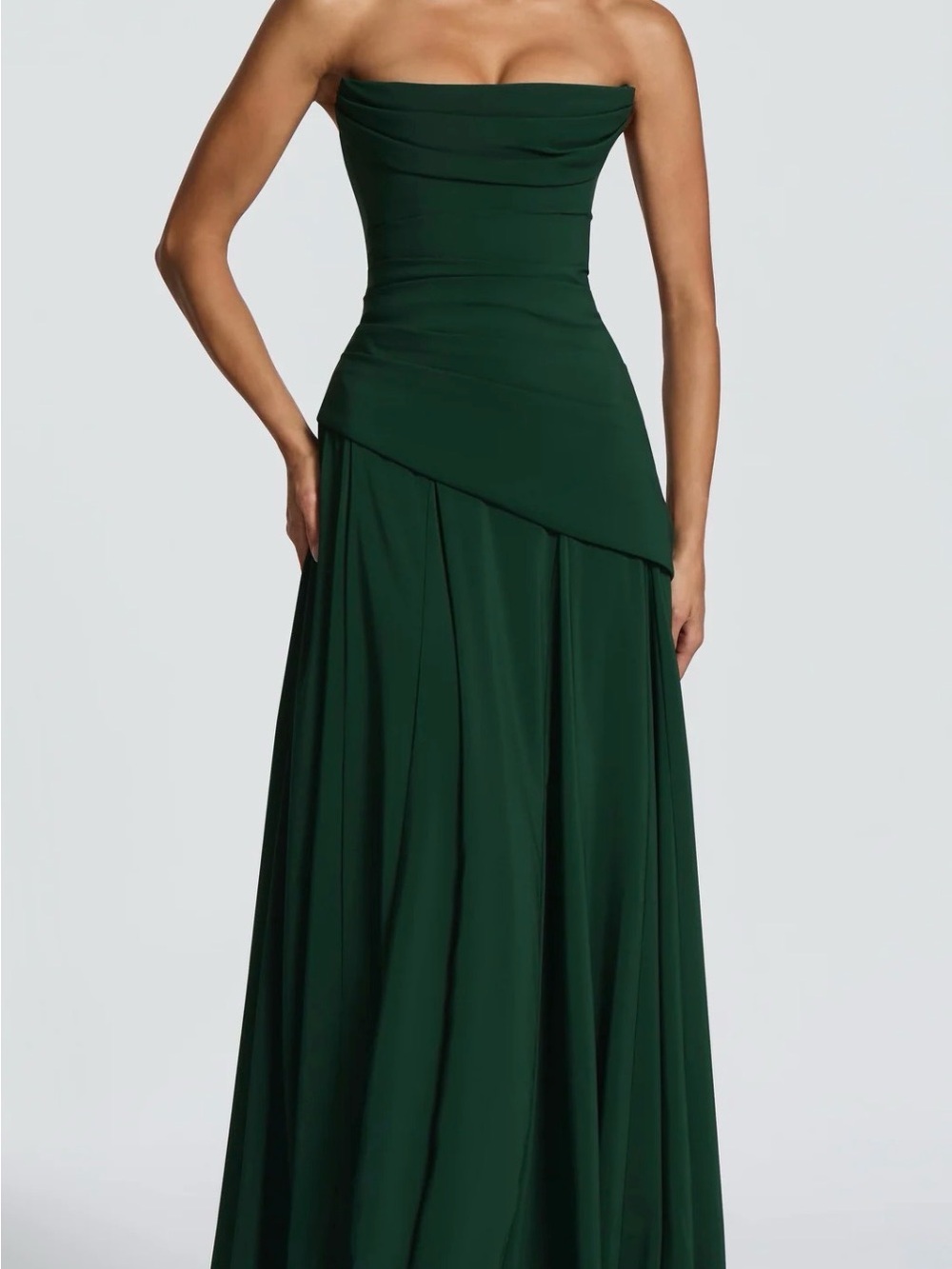 Strapless Dark Green Maxi Dress with Draped Bodice